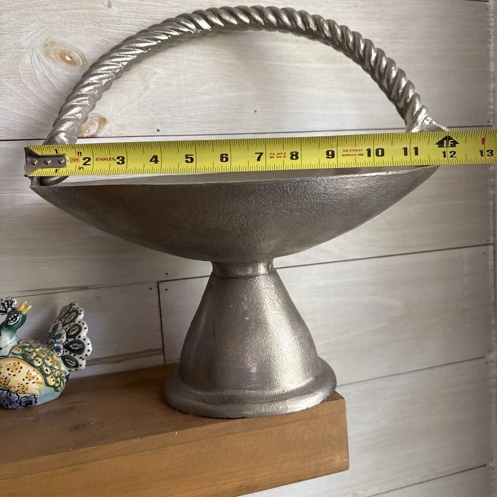 Vintage Cast Aluminum Pedestal Centerpiece Bowl Twisted Rope Handle Fruit Decor